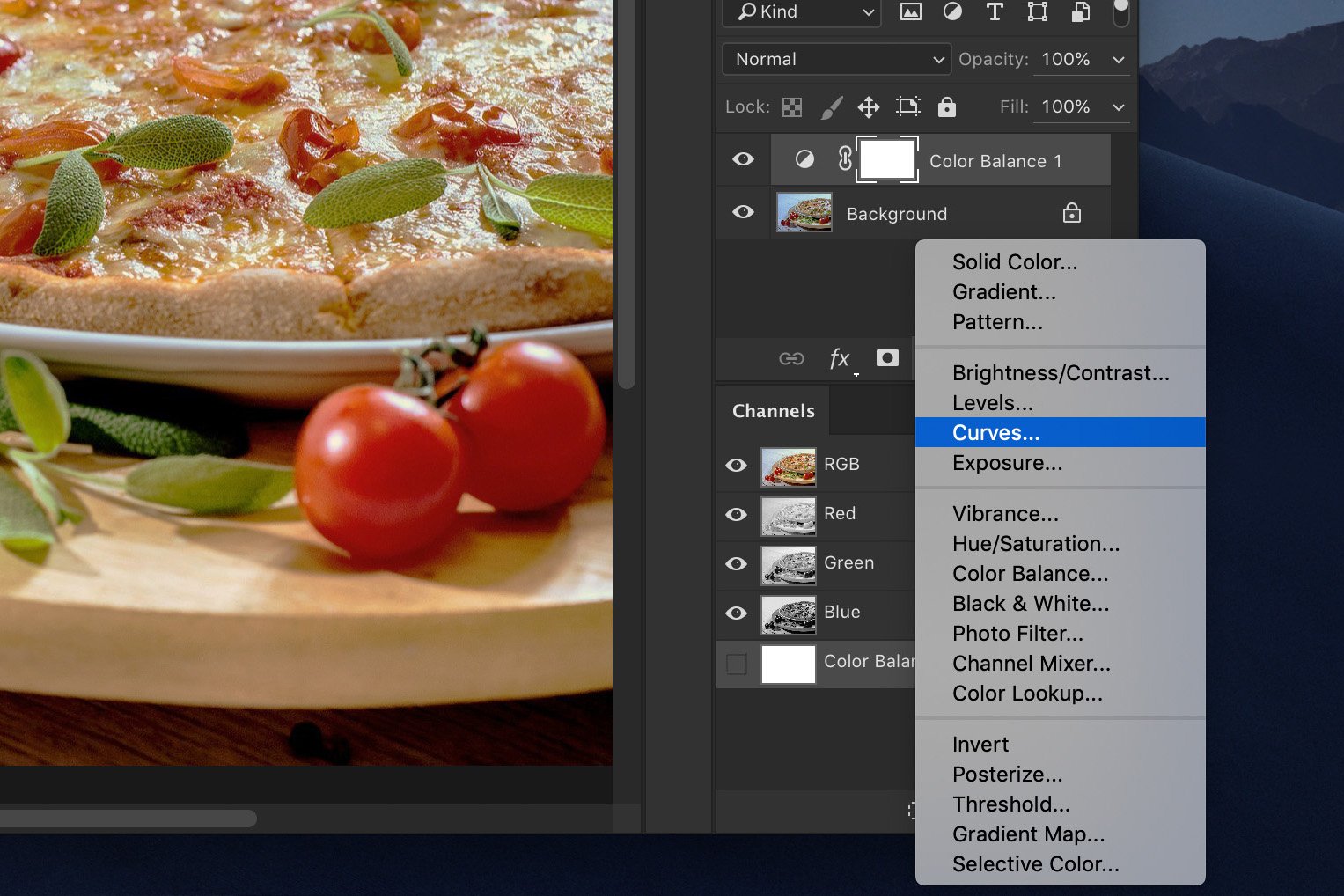 Скриншот, показывающий, как редактировать фотографии еды в Photoshop - добавить контраст