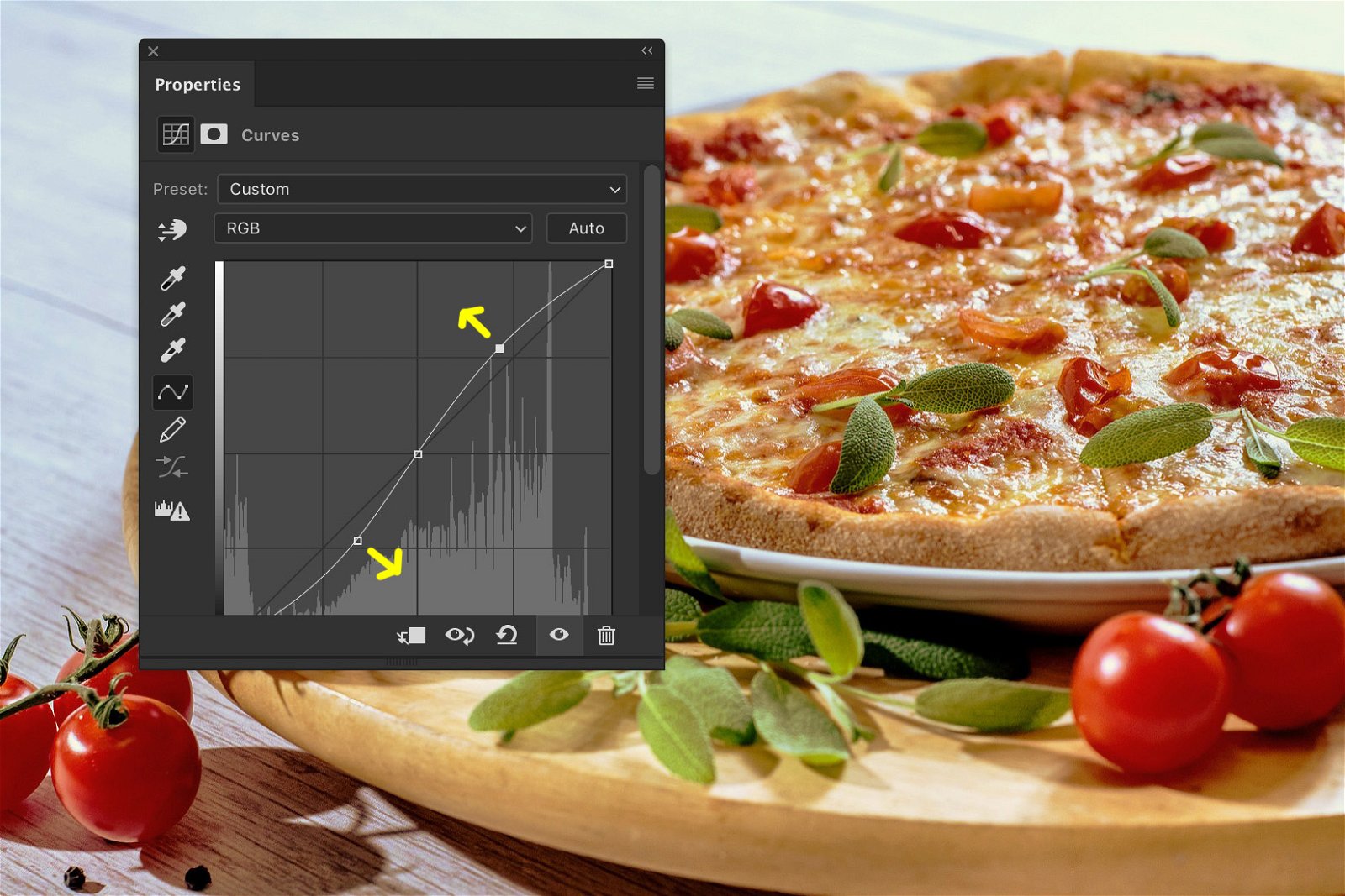 Скриншот, показывающий, как редактировать фотографии еды в Photoshop - контраст