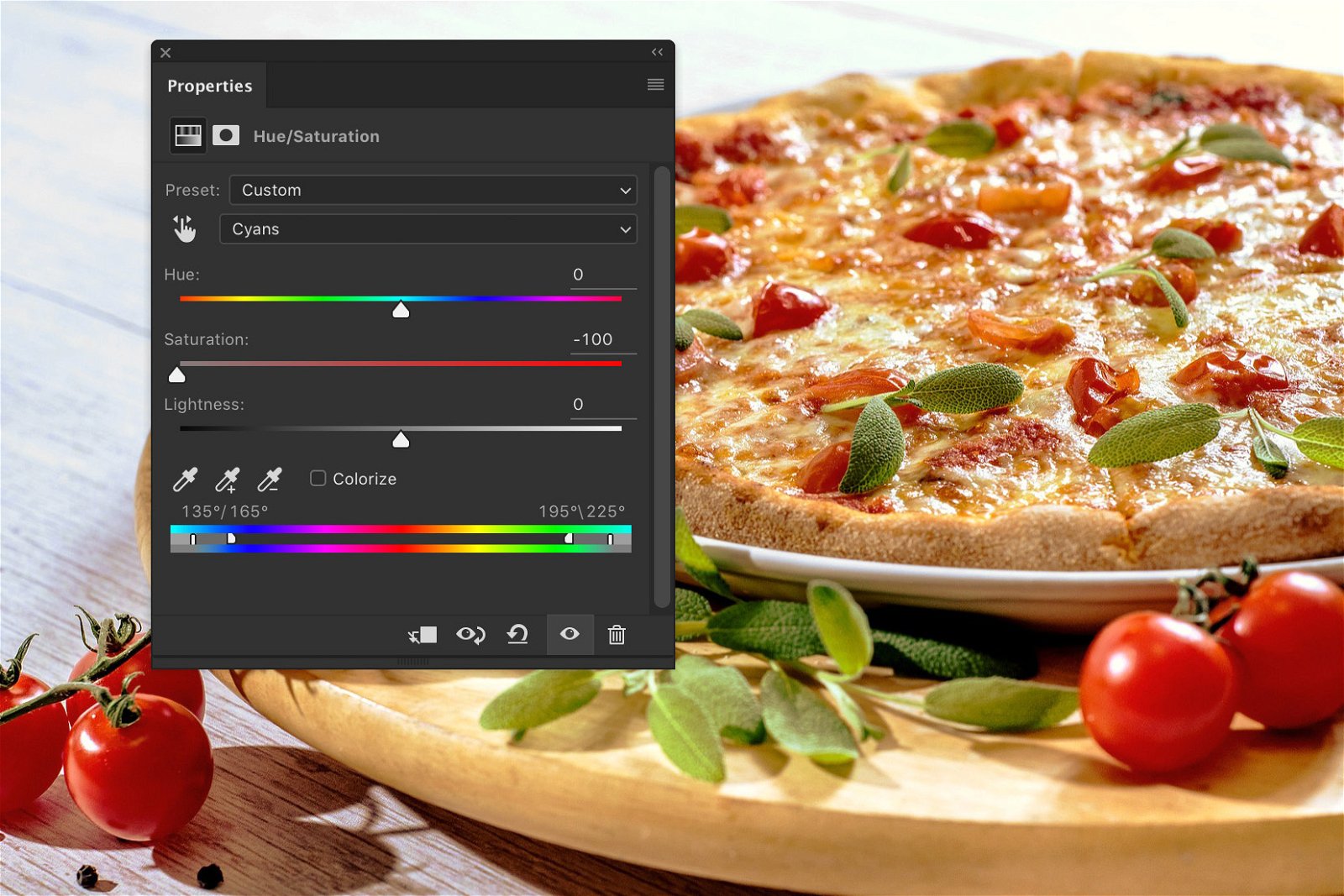 Скриншот, показывающий, как редактировать фотографии еды в Photoshop - насыщенность 