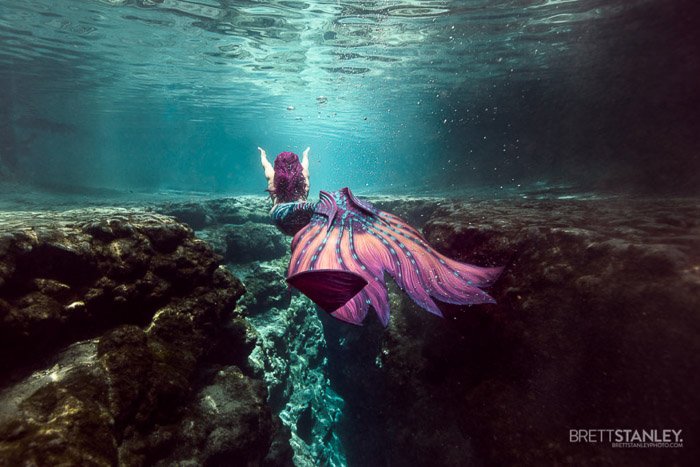 Dreamy underwater portrait of the female model with brightly colored mermaid tail
