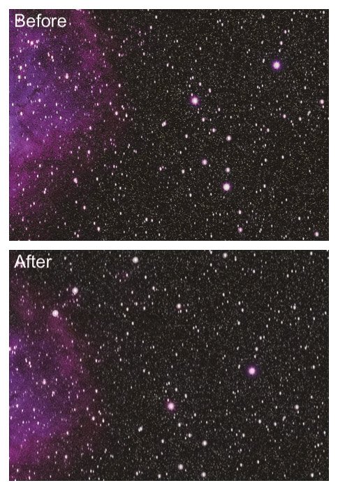 Сравнение до (вверху) и после (внизу) использования гауссова размытия в Photoshop для редактирования астрофотографии