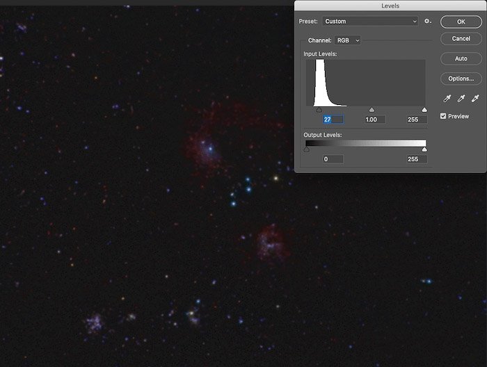 Скриншот, показывающий, как использовать фильтр Filter-gt;Noise-gt;Add Noise для добавления искусственного шума при редактировании астрофотографии