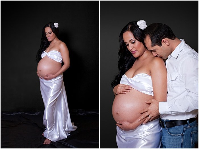 Милый портрет беременной женщины и любящей пары, сделанный в портативной фотостудии