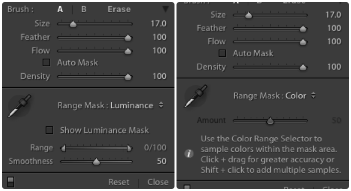 Снимок экрана, показывающий разницу между Auto Mask и Range Mask в Lightroom
