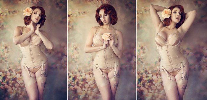 Sensual self portrait boudoir photography triptych of the female model posing in a lavish interior