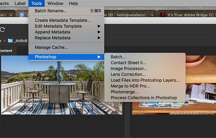 Скриншот, показывающий, как Adobe Bridge может отправлять фотографии в Photoshop для определенных правок.