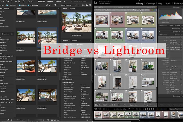 Разделенный экран скриншотов из adobe bridge vs lightroom