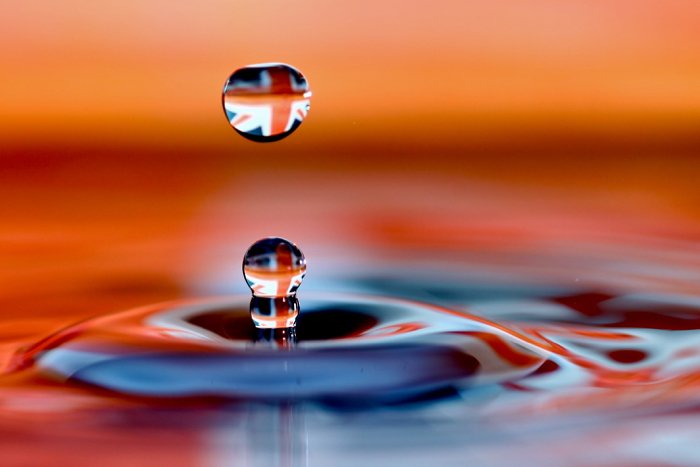 Впечатляющая фотография капли воды, пойманной в воздухе вспышкой камеры при высокоскоростной синхронизации