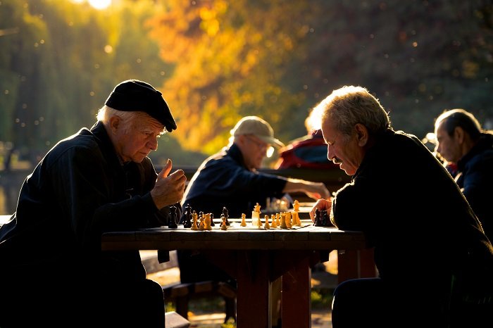 откровенный портрет двух мужчин, играющих в шахматы в парке