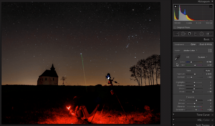 Animated gif showing the process of removing lightr pollution from the photo of the starry landscape using Lightroom auto masking