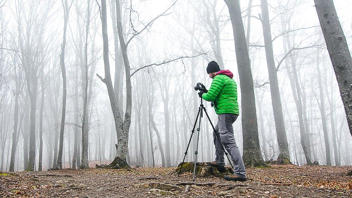 Мужчина фотографирует туман в лесу