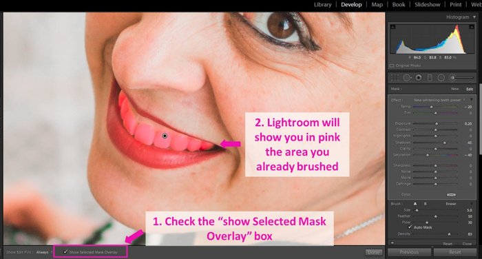 Скриншот, показывающий, как отбелить зубы в Lightroom с помощью кисти