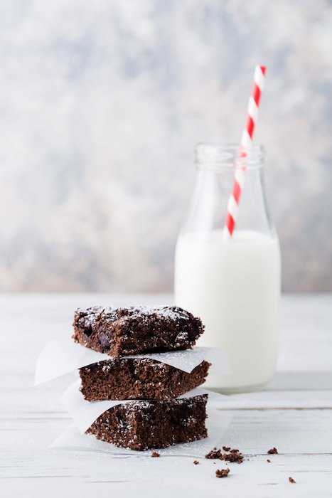 food photo of chocolate brownies in front of the bottle of milk 