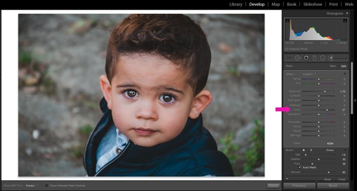 Редактирование портрета маленького мальчика с помощью кисти с Clarity 57 и Exposure 1.70