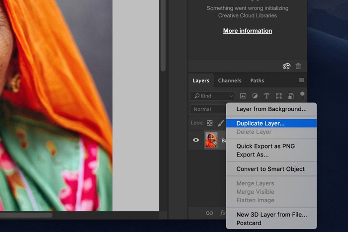 Скриншот, показывающий, как дублировать фоновый слой в Photoshop