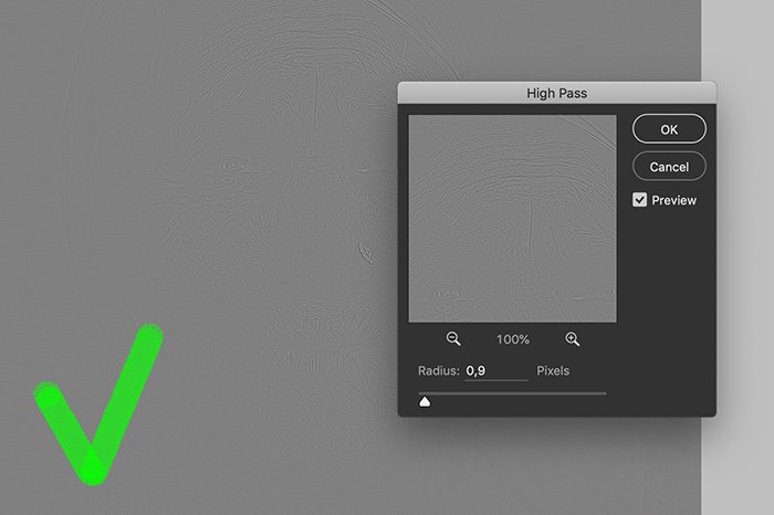 Скриншот, показывающий, как настроить резкость с помощью фильтра High Pass Filter в Photoshop