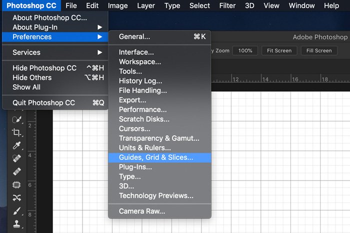 Скриншот, показывающий, как выбрать сетку, направляющие и срезы в Photoshop