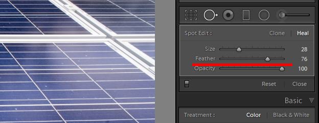 скриншот, показывающий, как использовать инструмент clone в lightroom для редактирования фотографий - размер кисти