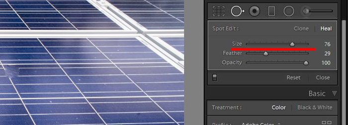 скриншот, показывающий, как использовать инструмент clone в lightroom для редактирования фотографий - настройка размера кисти