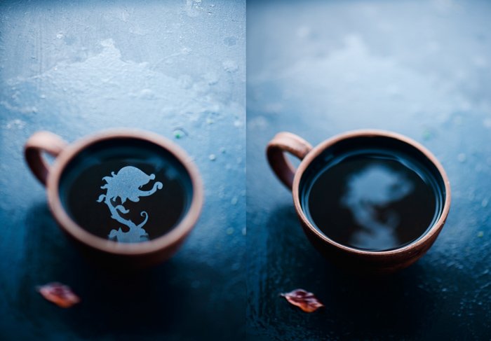 креативный диптих натюрморт с отражением цветка в кофейной чашке