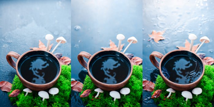 креативный натюрморт-триптих с холодным отражением в кофейной чашке