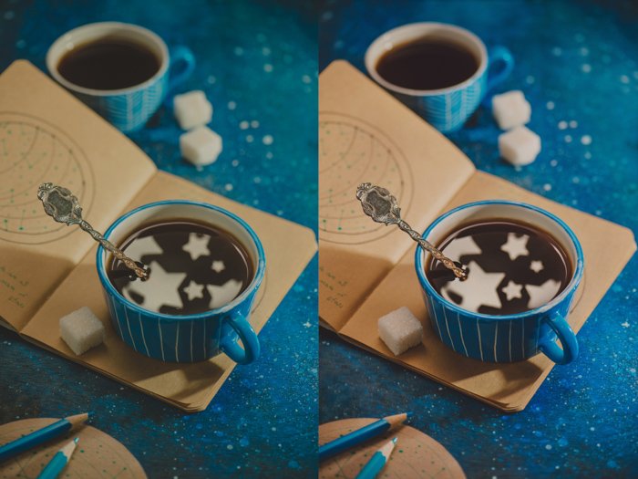 креативный диптих натюрморта с отражением звезды в кофейной чашке