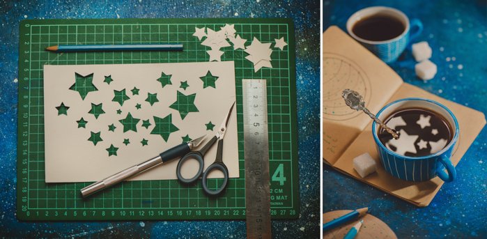 триптих фото вырезанных силуэтов звезд на листе бумаги на коврике для резки, плюс получившееся фото звездных отражений в кофейной чашке