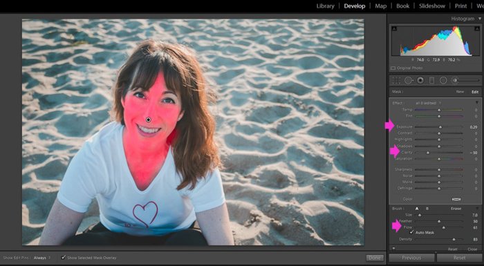 скриншот редактирования портрета женской модели с помощью инструмента lightroom adjustment tool