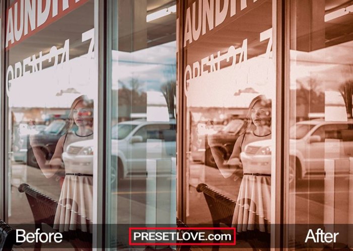 Фотография женщины, стоящей у окна магазина белья в оригинале и в античной бронзовой пресетке