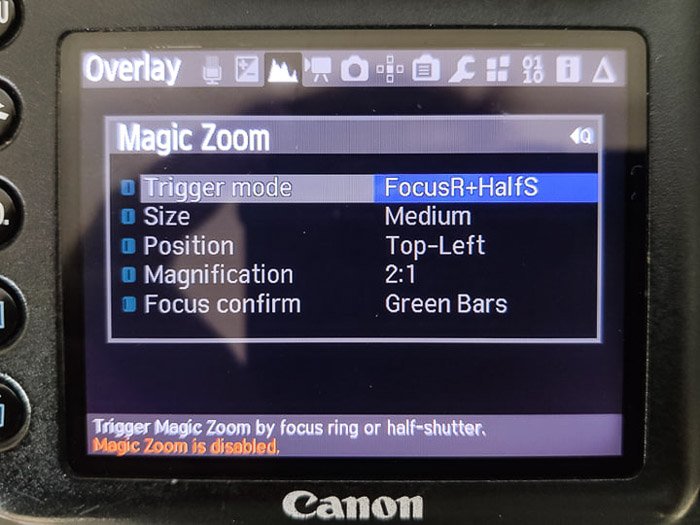 Magic Lantern 'Magic Zoom' settings on Canon DSLR screen