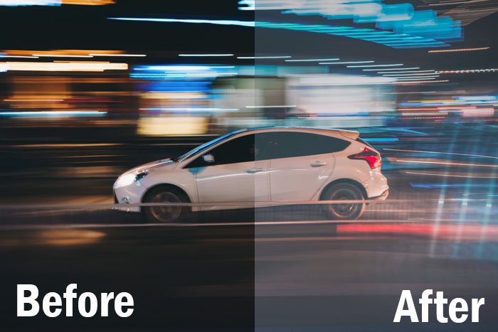 Экшн-снимок скоростного автомобиля ночью, разделенный экран, показывающий до и после редактирования с помощью спортивных пресетов Lightroom 