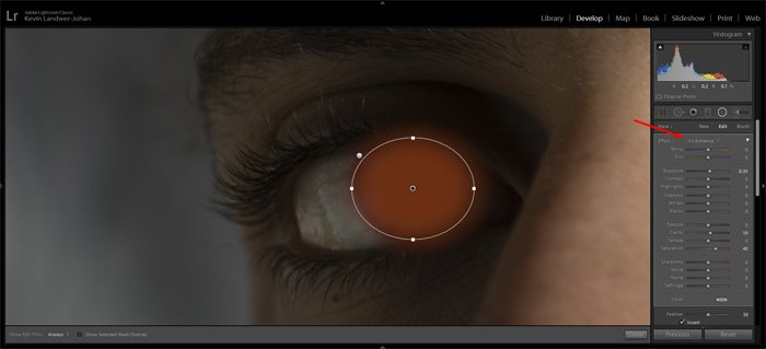 скриншот, показывающий, как улучшить глаза в Lightroom