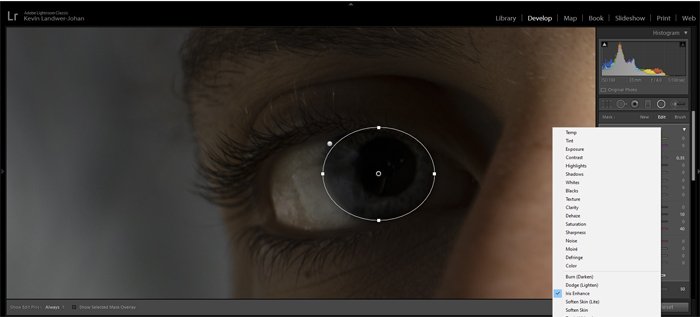 скриншот, показывающий, как улучшить глаза в Lightroom