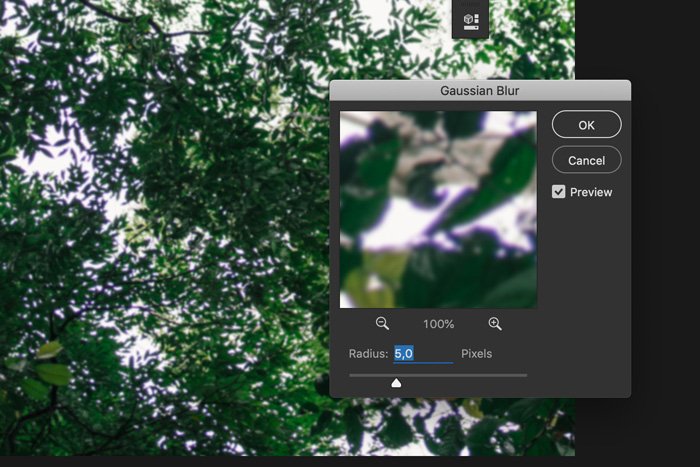скриншот, показывающий, как применить гауссово размытие в Photoshop для удаления хроматической аберрации