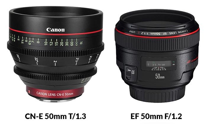 Canon cn-e 50mm t/1.3 рядом с EF 50mmk f/1.2 сравнивает f-stop и t-stop