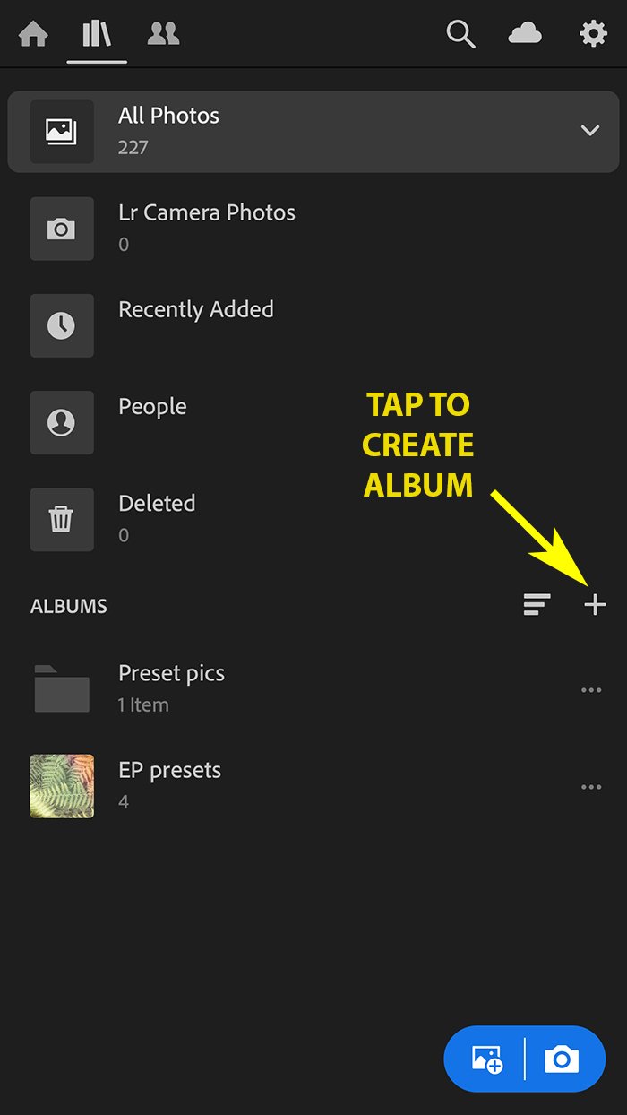 Скриншот, показывающий, как добавить новый альбом в приложении Lightroom