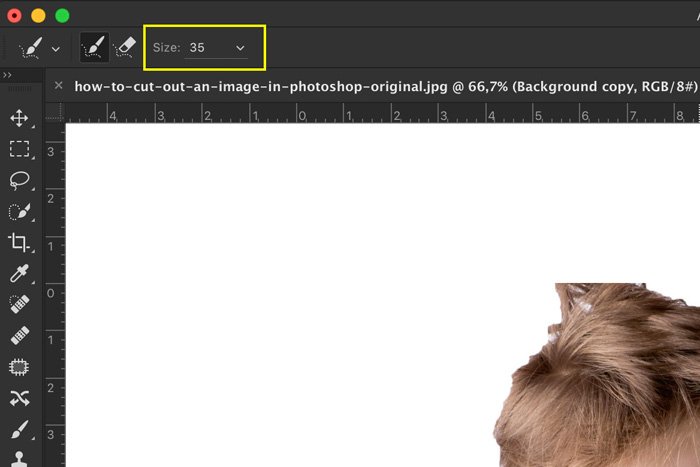 Скриншот, показывающий, как выбрать размер кисти для волос в Photoshop