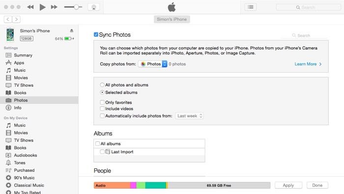 скриншот использования iTunes для передачи фотографий на iPhone и обратно.