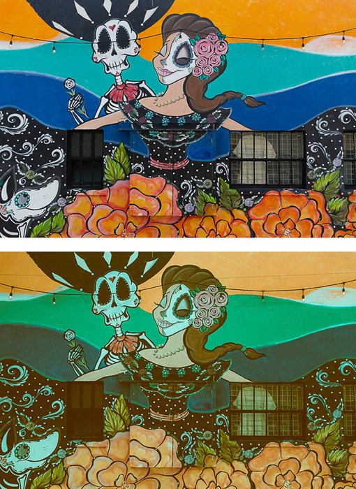 две фотографии одной и той же стены с граффити, вторая отредактирована в стиле перекрестной обработки