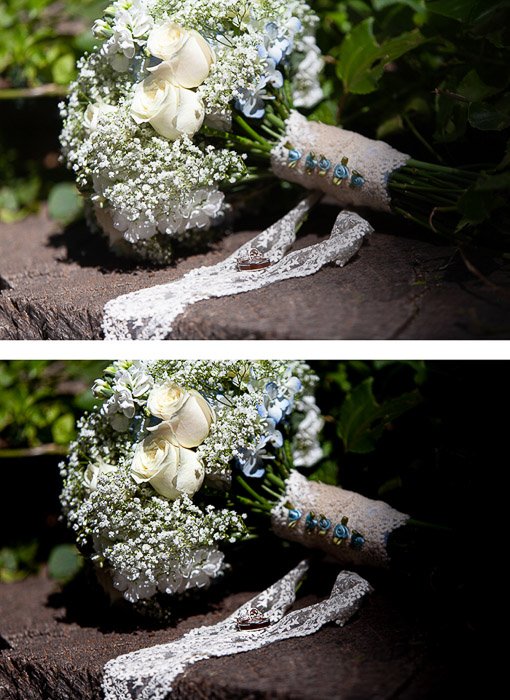 две фотографии одного свадебного букета, вторая отредактирована в темном и угрюмом стиле
