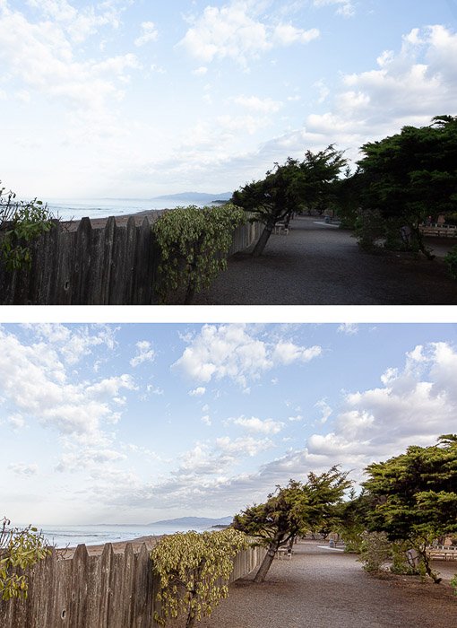 две фотографии одного и того же прибрежного пейзажа, вторая отредактирована в стиле HDR