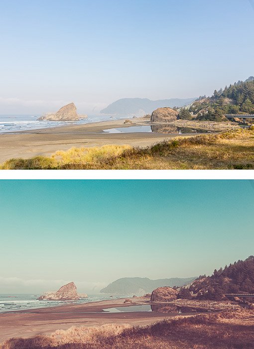 две фотографии одного и того же прибрежного пейзажа, вторая отредактирована в стиле винтажного монтажа
