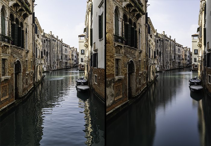 Диптих канала в Венеции, правая фотография сделана с дневной длинной выдержкой