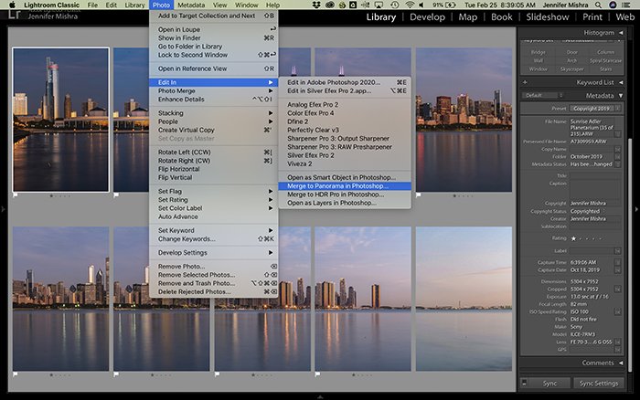 Скриншот, показывающий процедуру объединения панорам в Photoshop из Lightroom.