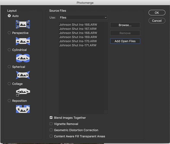 Скриншот окна Photomerge в Photoshop, показывающий опции панорамы.