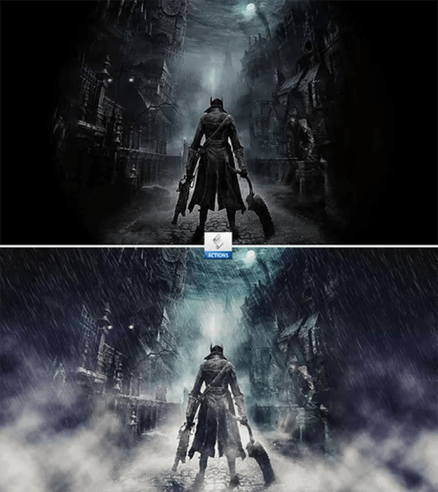 Diptych fantasy portrait before and after using Photoshop Action - Cinematic Rain Effects