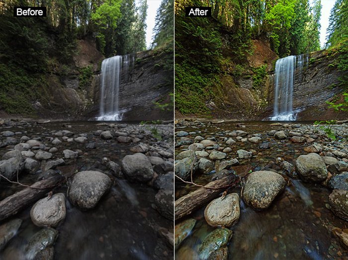 Фотография диптиха водопадов до и после редактирования с помощью Free Photoshop Actions Forest Waterfalls LITE