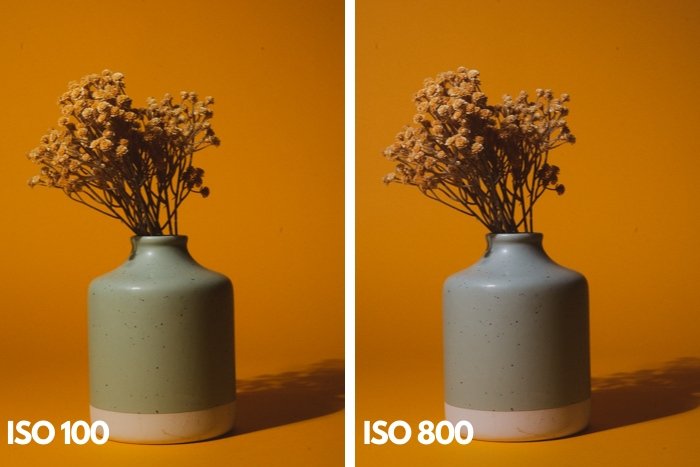 Диптих вазы с цветами при различных настройках iso