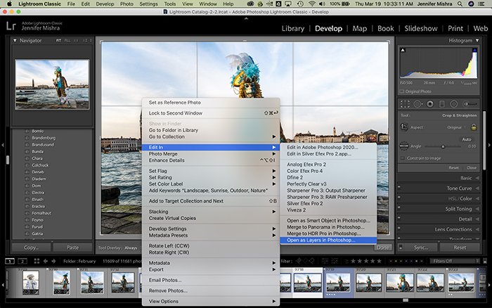 Скриншот Lightroom, показывающий процесс открытия нескольких изображений как слоев в Photoshop.