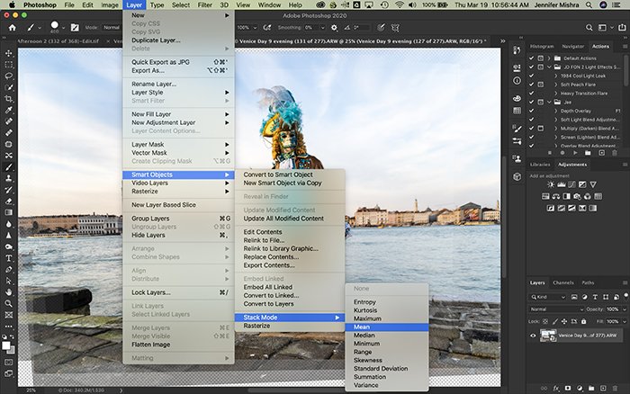 Скриншот Photoshop, показывающий процесс смешивания смарт-объекта в режиме стека.